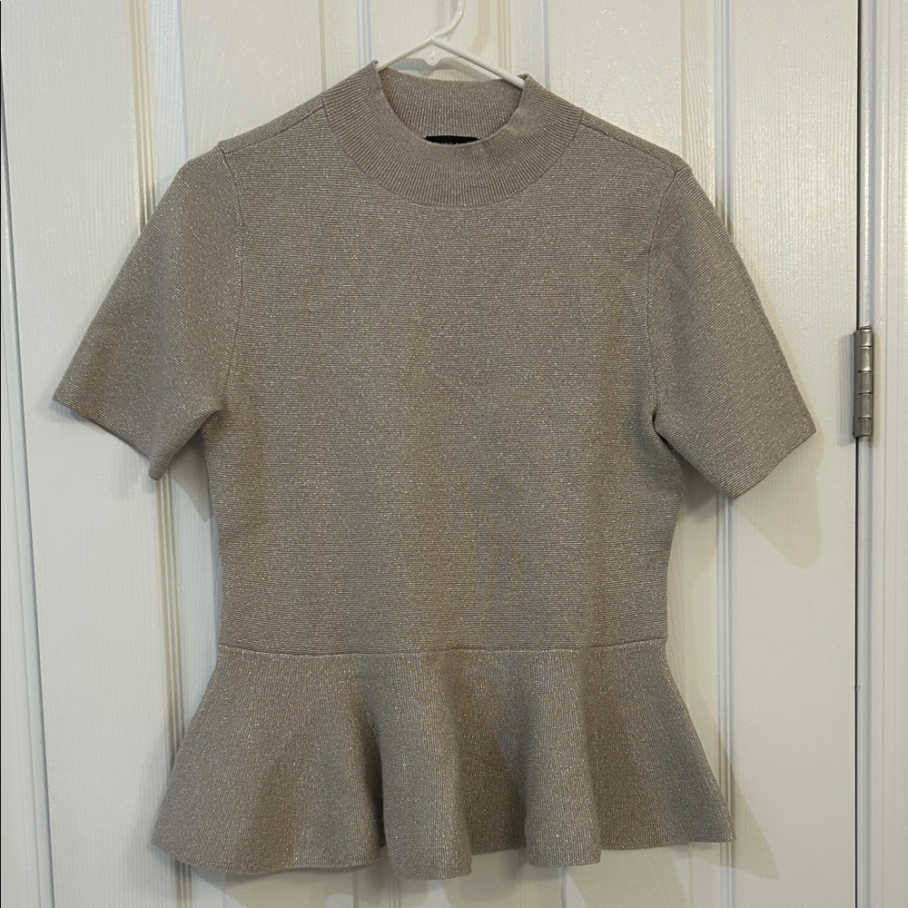 Ann Taylor Shimmery Cream Short Sleeve Peplum Top - Picture 2 of 4